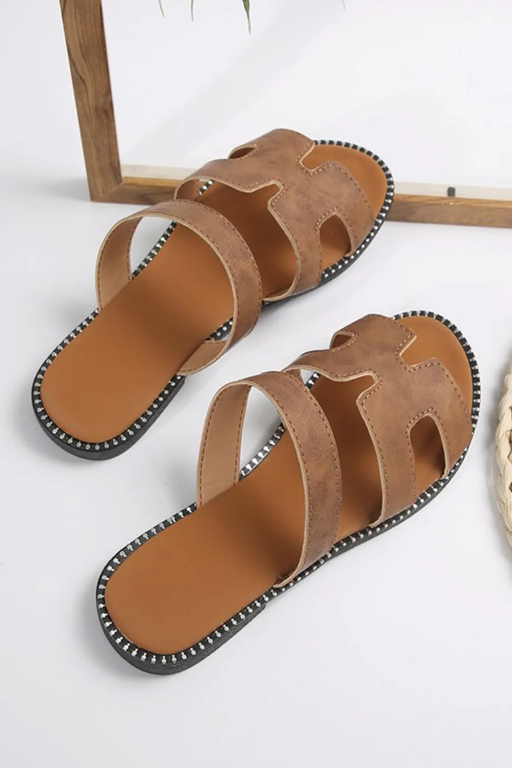 Brown Cut Out H Shape Band Leather Slippers