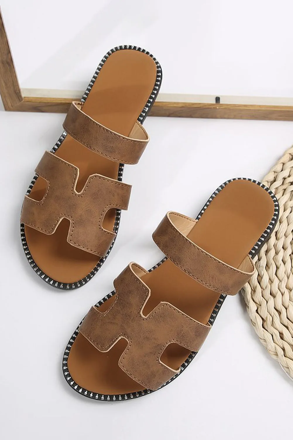 Brown Cut Out H Shape Band Leather Slippers