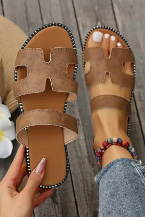 Brown Cut Out H Shape Band Leather Slippers