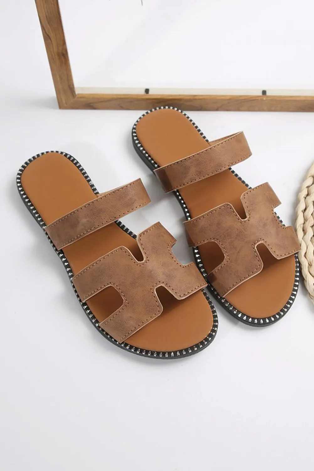 Brown Cut Out H Shape Band Leather Slippers
