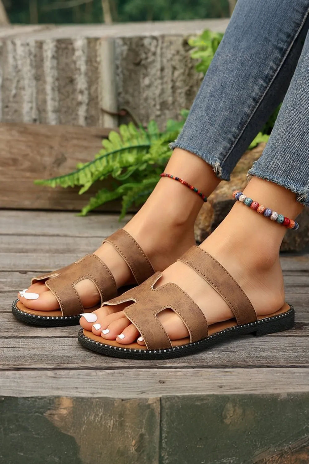 Brown Cut Out H Shape Band Leather Slippers