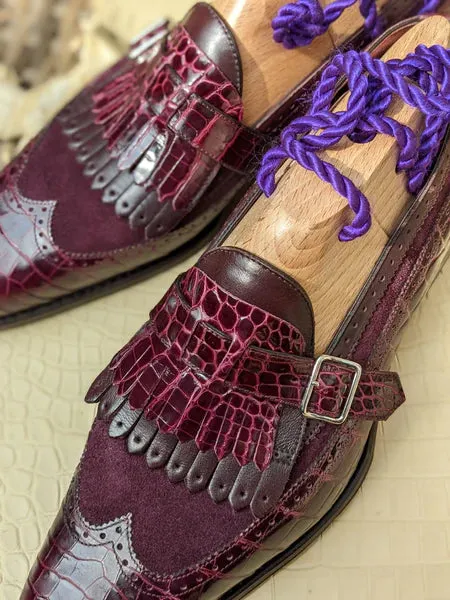 Burgundy Italian Alligator Leather  Libraria Tassel Loafers With Monk Strap - Loafers Shoes