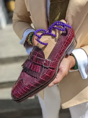 Burgundy Italian Alligator Leather  Libraria Tassel Loafers With Monk Strap - Loafers Shoes