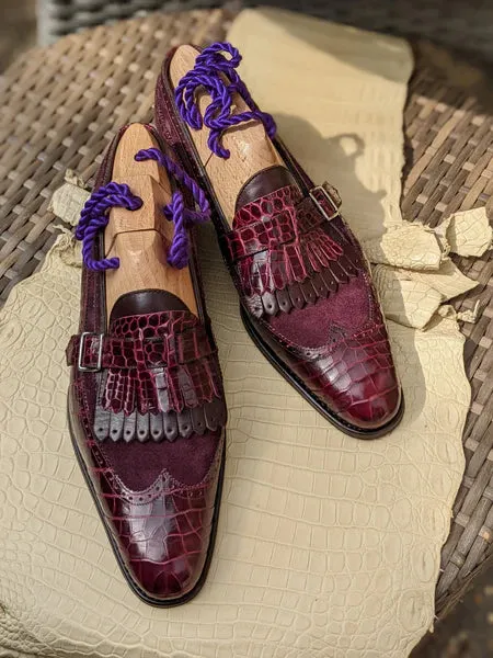 Burgundy Italian Alligator Leather  Libraria Tassel Loafers With Monk Strap - Loafers Shoes