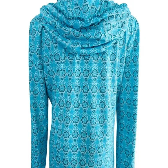 Cabana Life Talbots M Aqua &amp; Blue Patterned Hooded Long-Sleeve Vacation Dress