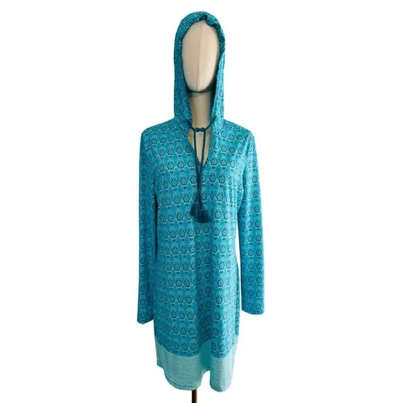 Cabana Life Talbots M Aqua &amp; Blue Patterned Hooded Long-Sleeve Vacation Dress
