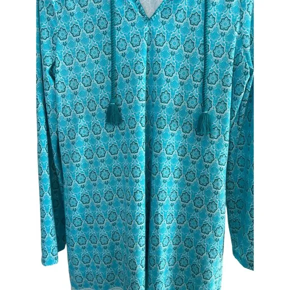 Cabana Life Talbots M Aqua &amp; Blue Patterned Hooded Long-Sleeve Vacation Dress