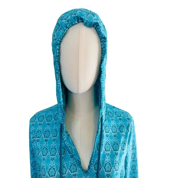 Cabana Life Talbots M Aqua &amp; Blue Patterned Hooded Long-Sleeve Vacation Dress