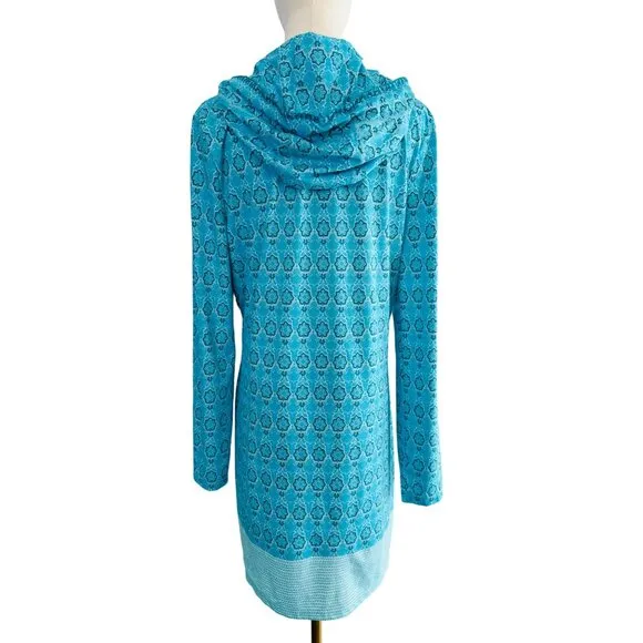 Cabana Life Talbots M Aqua &amp; Blue Patterned Hooded Long-Sleeve Vacation Dress