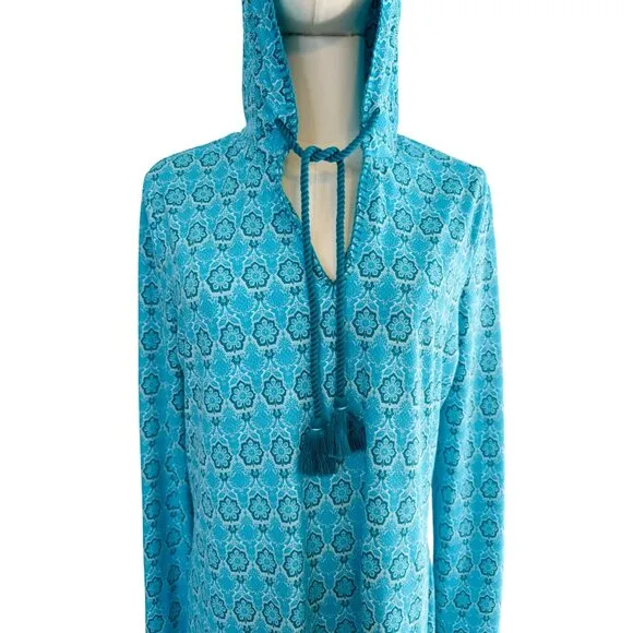 Cabana Life Talbots M Aqua &amp; Blue Patterned Hooded Long-Sleeve Vacation Dress