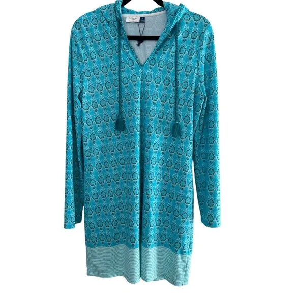 Cabana Life Talbots M Aqua &amp; Blue Patterned Hooded Long-Sleeve Vacation Dress