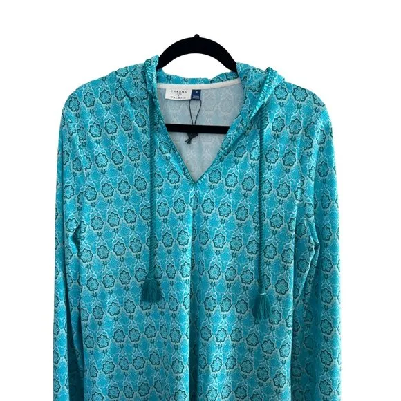 Cabana Life Talbots M Aqua &amp; Blue Patterned Hooded Long-Sleeve Vacation Dress