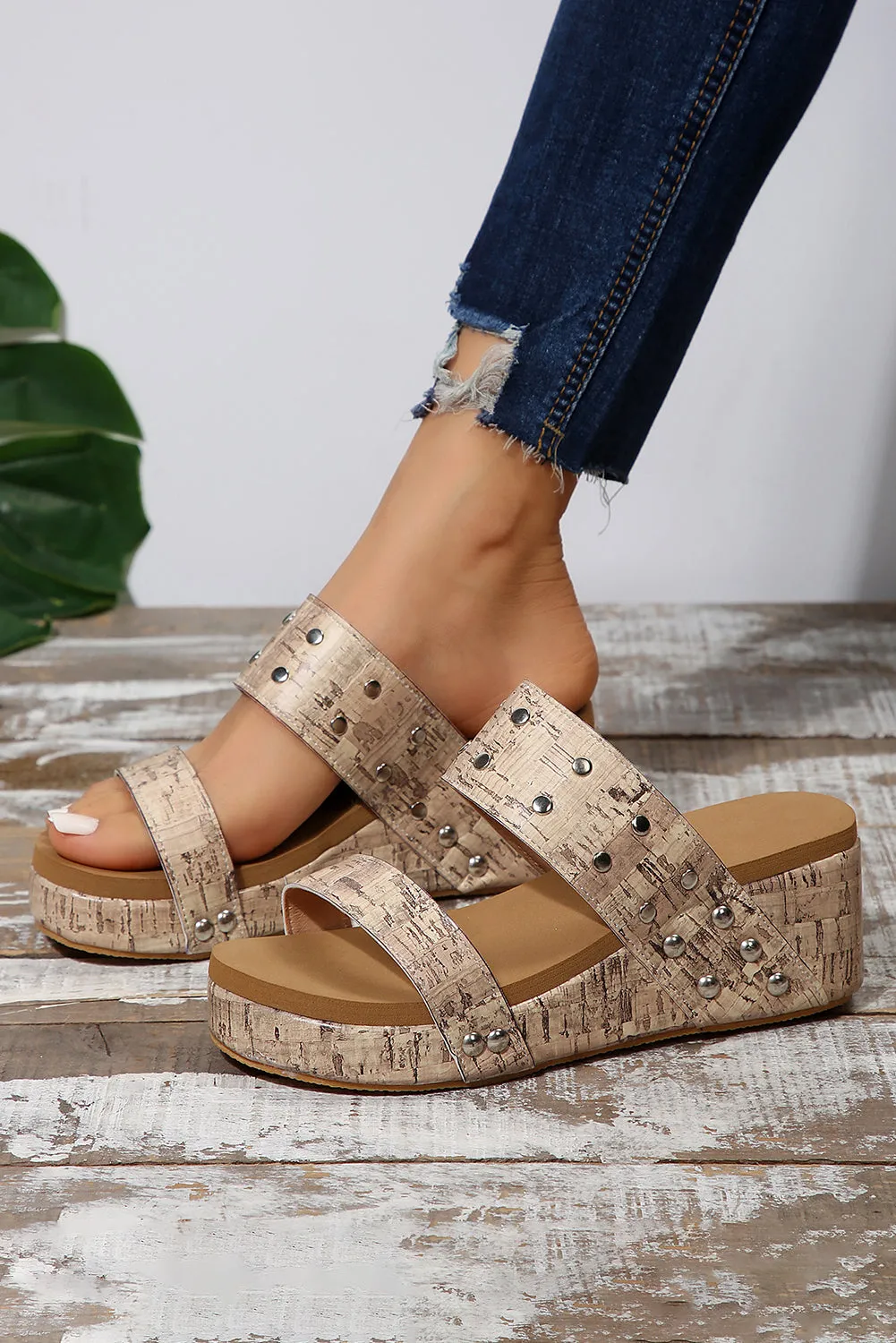 Camel Rivet Double Straps Wedge Slippers
