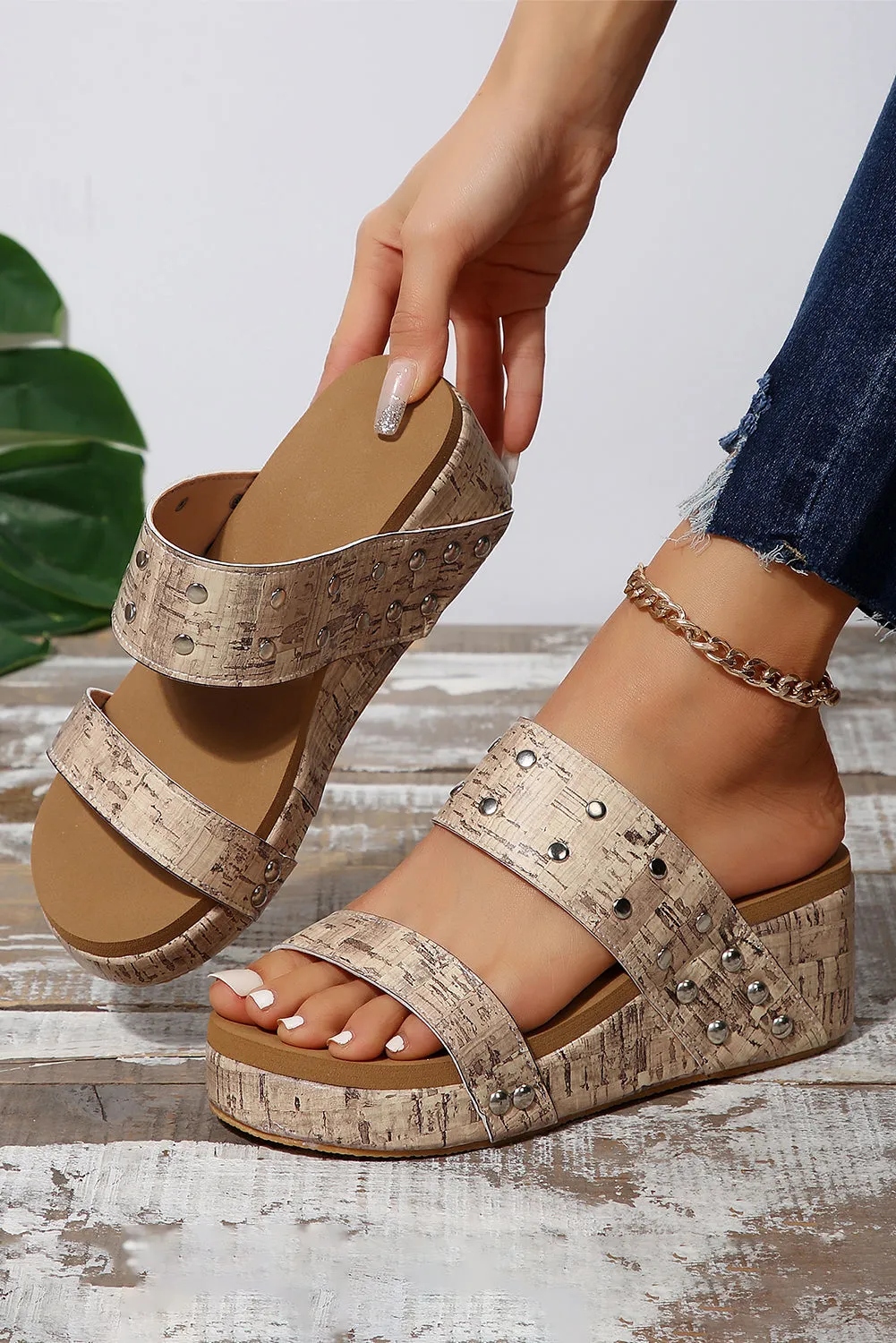 Camel Rivet Double Straps Wedge Slippers