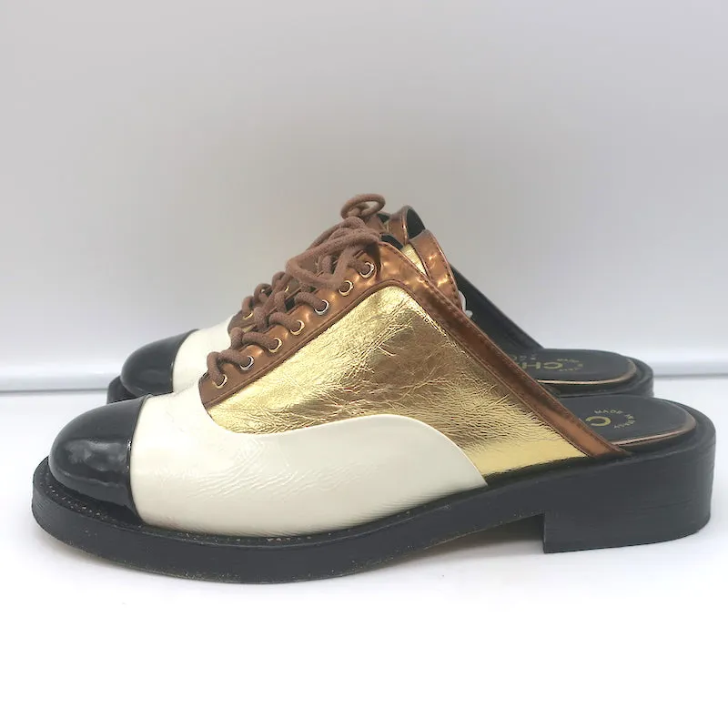 Chanel Cuba Oxford Mules Gold/Cream/Black Leather Size 38C Backless Flats