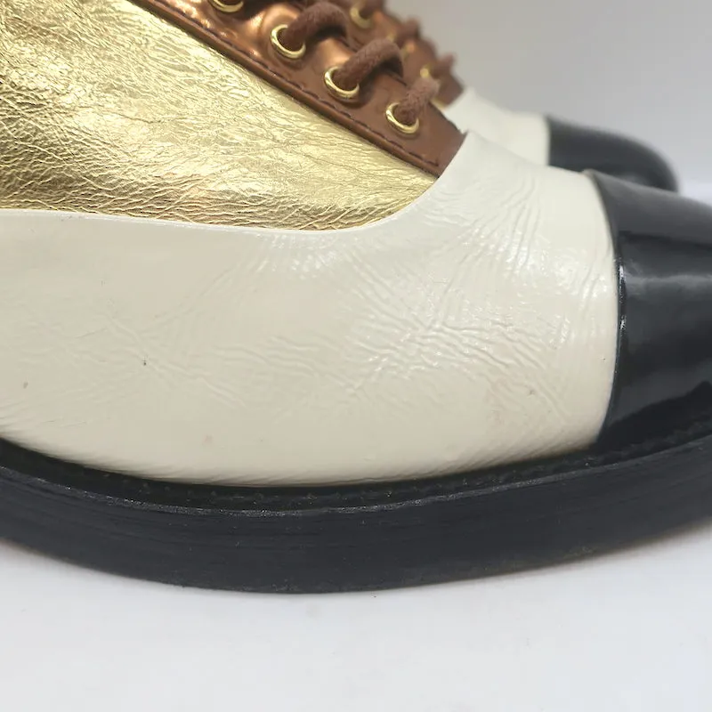 Chanel Cuba Oxford Mules Gold/Cream/Black Leather Size 38C Backless Flats
