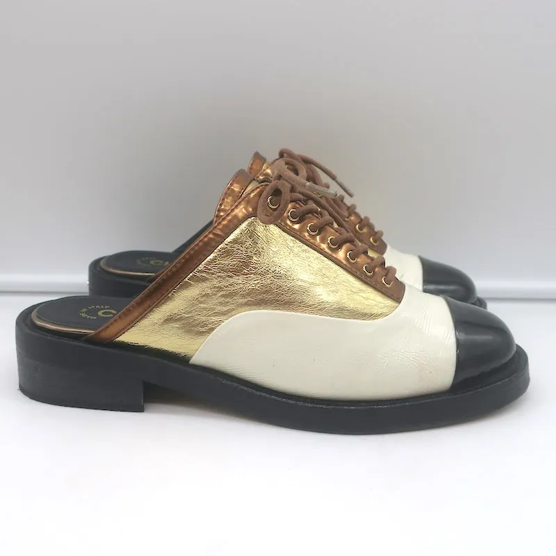 Chanel Cuba Oxford Mules Gold/Cream/Black Leather Size 38C Backless Flats