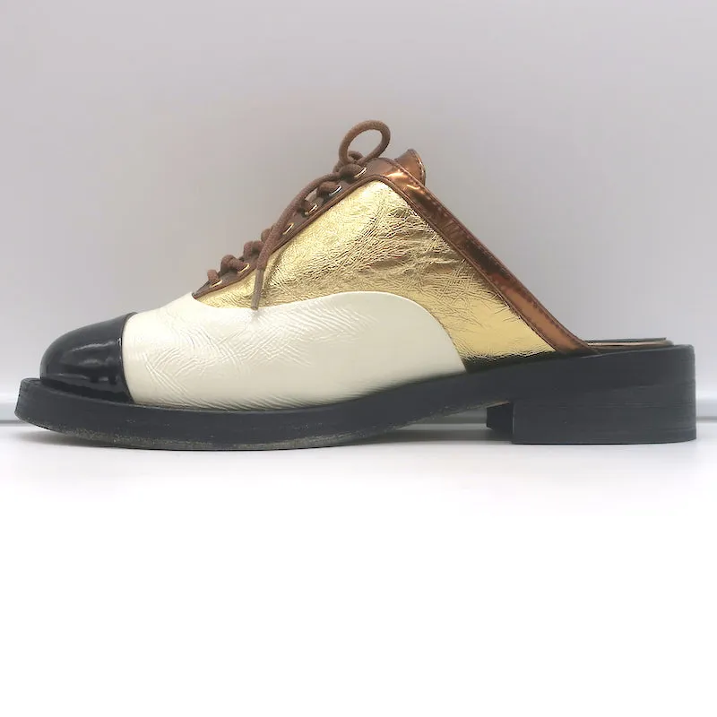 Chanel Cuba Oxford Mules Gold/Cream/Black Leather Size 38C Backless Flats