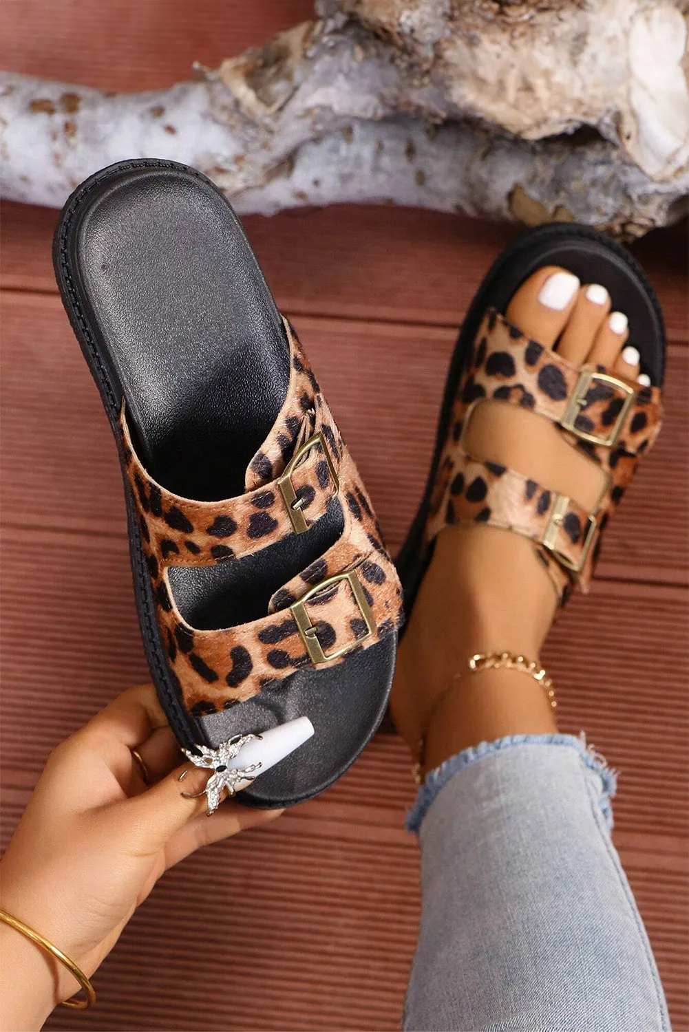 Chestnut Crochet/Leopard Cut Out Buckle Strap Thick Sole Slippers