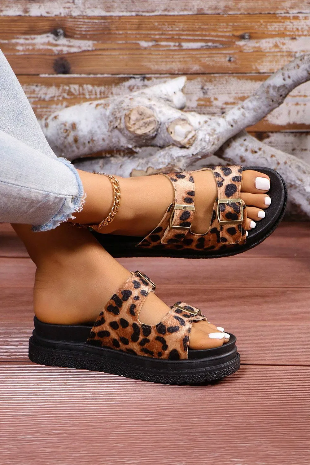 Chestnut Crochet/Leopard Cut Out Buckle Strap Thick Sole Slippers