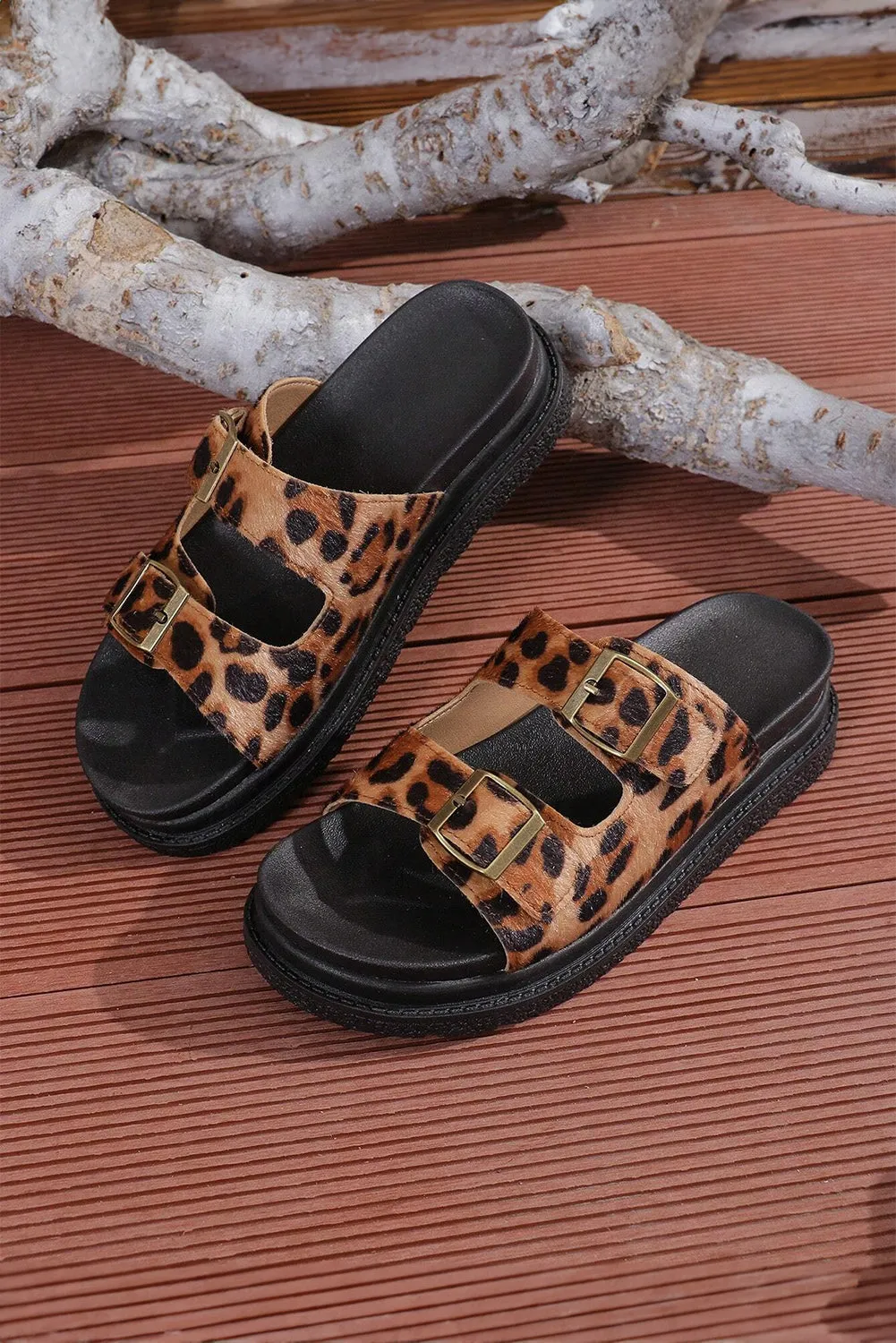 Chestnut Crochet/Leopard Cut Out Buckle Strap Thick Sole Slippers