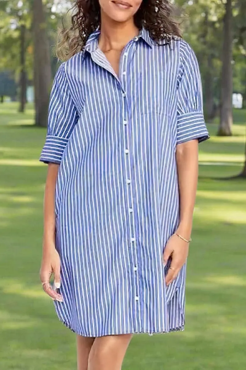 Chouyatou Women's Summer Casual Stripe Shirt Dress Button Down Loose Fit Holiday Mini Shift Dress