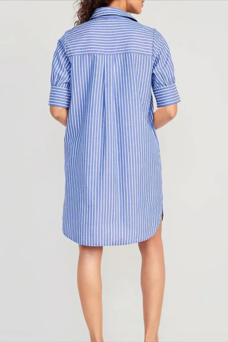 Chouyatou Women's Summer Casual Stripe Shirt Dress Button Down Loose Fit Holiday Mini Shift Dress