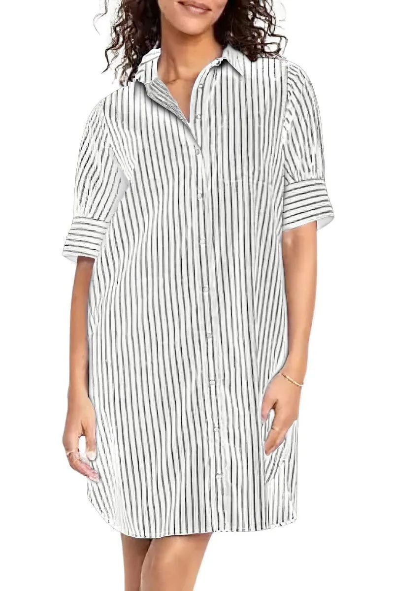 Chouyatou Women's Summer Casual Stripe Shirt Dress Button Down Loose Fit Holiday Mini Shift Dress