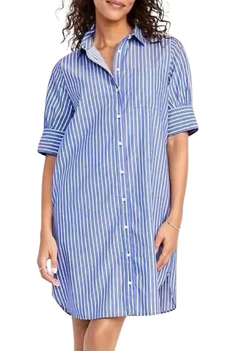 Chouyatou Women's Summer Casual Stripe Shirt Dress Button Down Loose Fit Holiday Mini Shift Dress