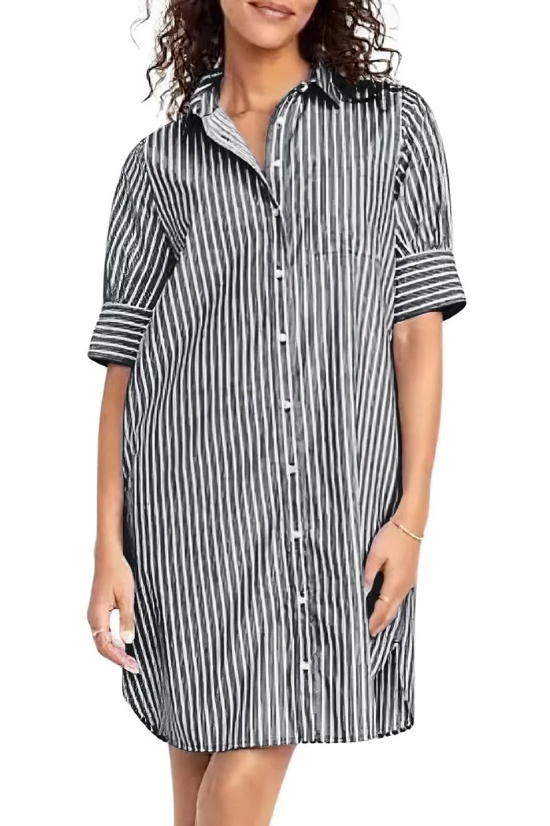 Chouyatou Women's Summer Casual Stripe Shirt Dress Button Down Loose Fit Holiday Mini Shift Dress