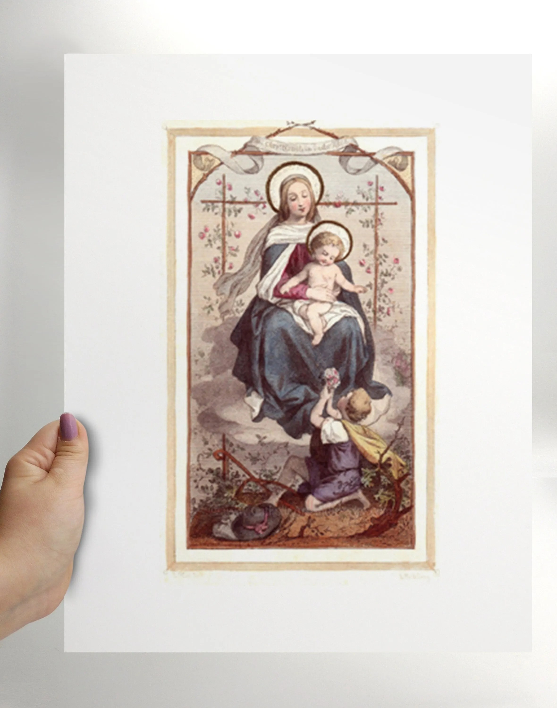 Christ Child in the Rose Bower – 3 sizes – Based on Vintage Holy Card – Catholic Gift – Confirmation Gift