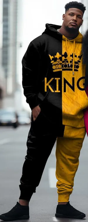 Couple Large Size Color Block Casual Couple Outfit KING QUEEN Hoodie Set