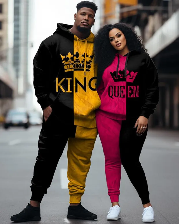 Couple Large Size Color Block Casual Couple Outfit KING QUEEN Hoodie Set