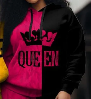Couple Large Size Color Block Casual Couple Outfit KING QUEEN Hoodie Set