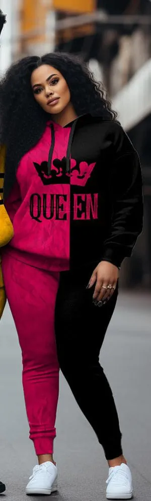 Couple Large Size Color Block Casual Couple Outfit KING QUEEN Hoodie Set