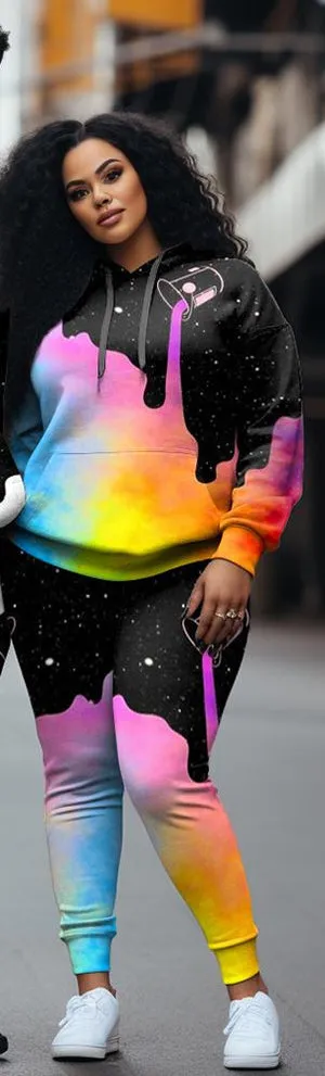 Couple Large Size Color Block Casual Couple Outfit Liquid Color Graffiti Hoodie Set