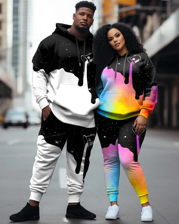 Couple Large Size Color Block Casual Couple Outfit Liquid Color Graffiti Hoodie Set