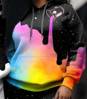 Couple Large Size Color Block Casual Couple Outfit Liquid Color Graffiti Hoodie Set