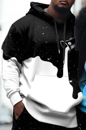 Couple Large Size Color Block Casual Couple Outfit Liquid Color Graffiti Hoodie Set