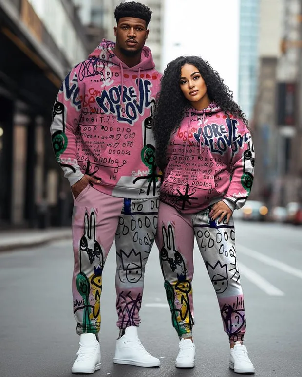 Couple Plus Size Casual Couple Outfit Pink Cartoon Graffiti Hoodie Set