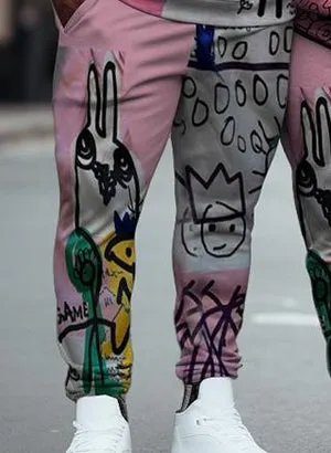 Couple Plus Size Casual Couple Outfit Pink Cartoon Graffiti Hoodie Set