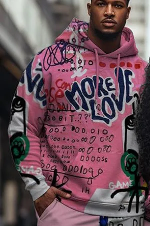 Couple Plus Size Casual Couple Outfit Pink Cartoon Graffiti Hoodie Set