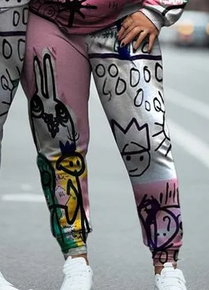Couple Plus Size Casual Couple Outfit Pink Cartoon Graffiti Hoodie Set