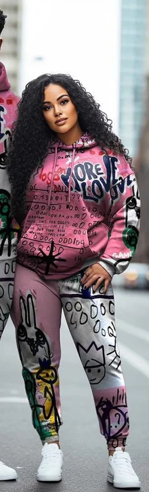 Couple Plus Size Casual Couple Outfit Pink Cartoon Graffiti Hoodie Set