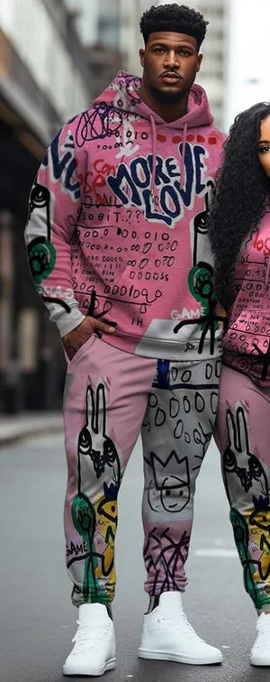Couple Plus Size Casual Couple Outfit Pink Cartoon Graffiti Hoodie Set