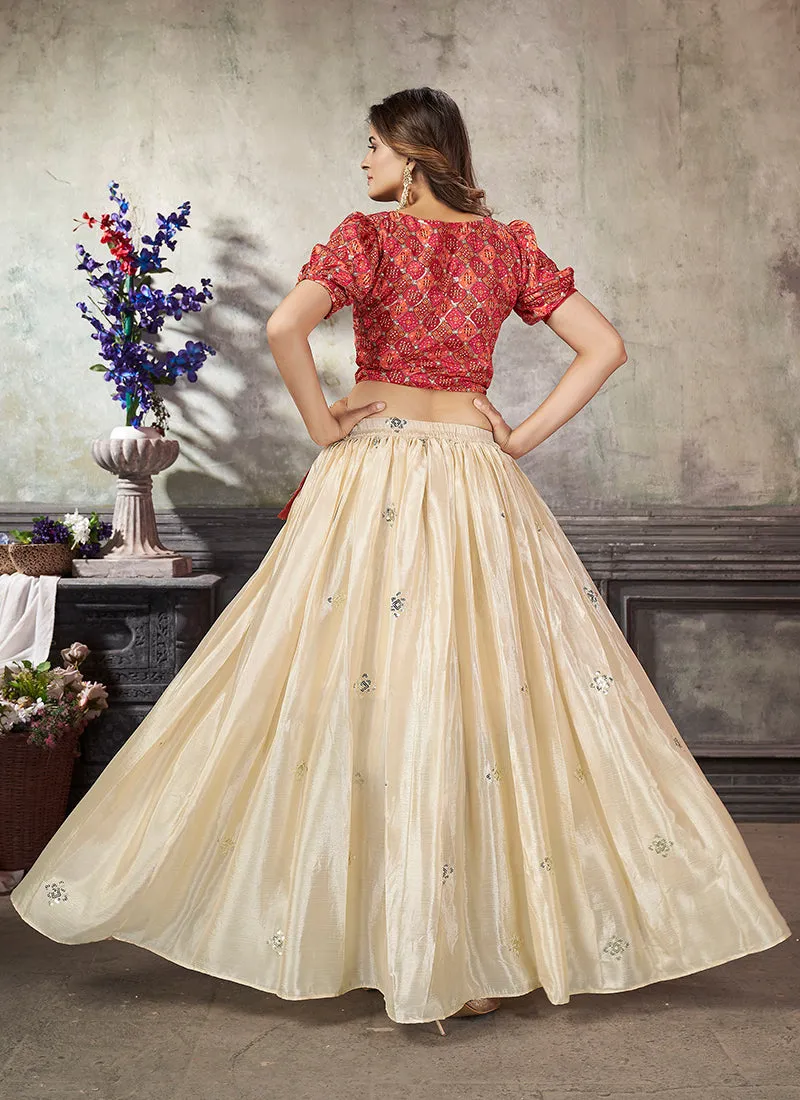 Cream And Red Sequence Embroidery Traditional Flared Skirt And Top