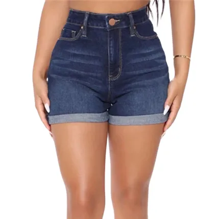 Curled Denim Shorts Casual Women's Elasticity Denim Shorts