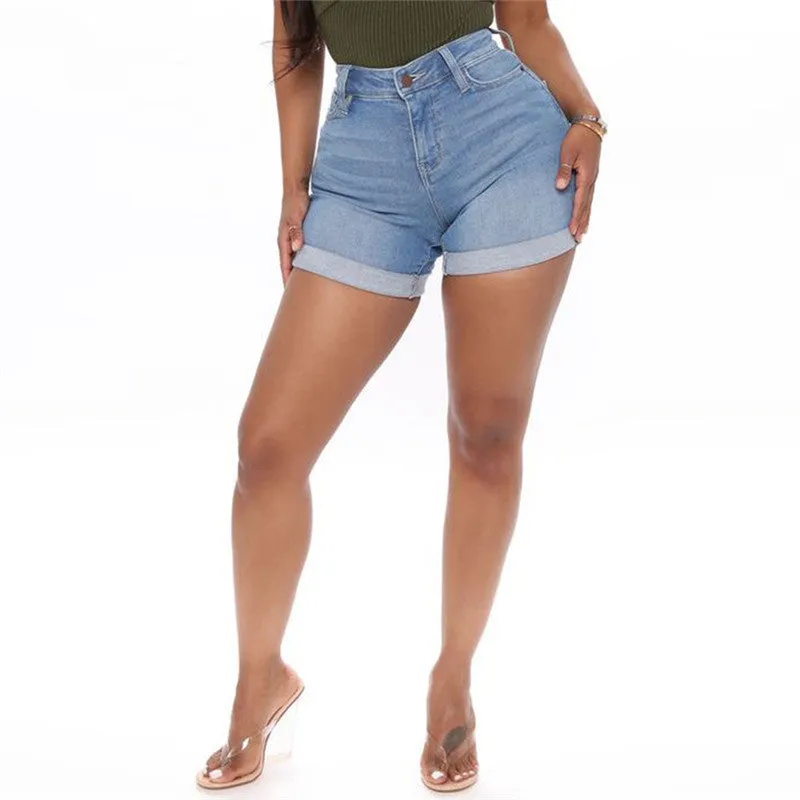 Curled Denim Shorts Casual Women's Elasticity Denim Shorts