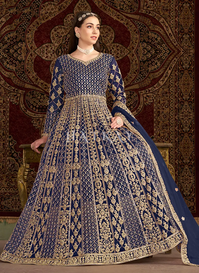 Dark Blue Embroidered Traditional Anarkali Suit