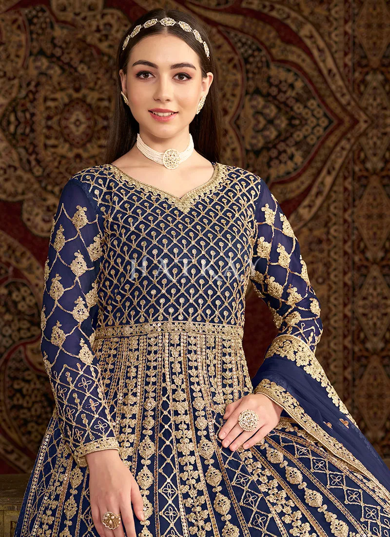 Dark Blue Embroidered Traditional Anarkali Suit